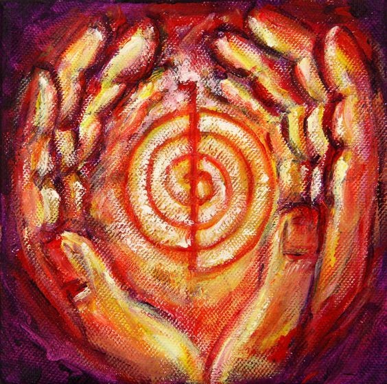 Abstract painting of hands holding a glowing spiral in warm colors on a textured background.